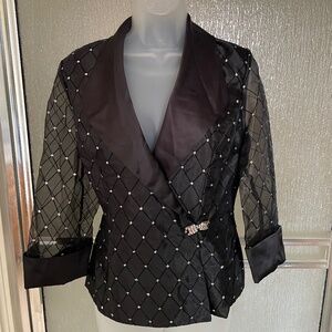R&M Collection sequinned satin jacket., sheer sleeves. Black, size 10